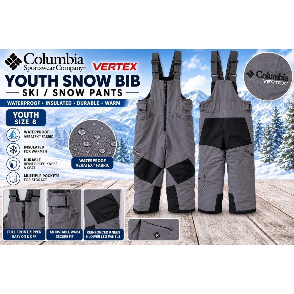 Columbia Vertex Youth Size 8 Grey Black Insulated Snow Bibs Ski Pants SB8172